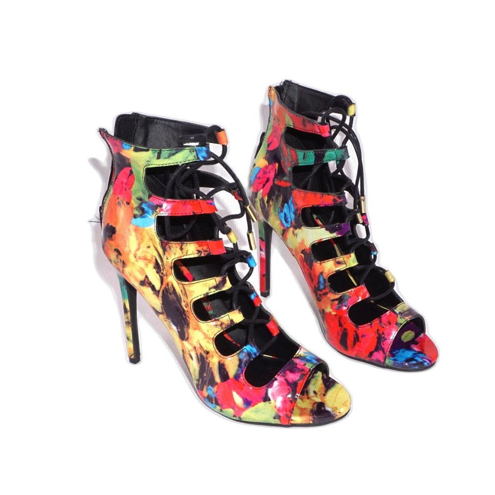 Candie's Bombay Multi Color Patent Rear Zip Lace Up Peep Toe Stiletto Heels NIB